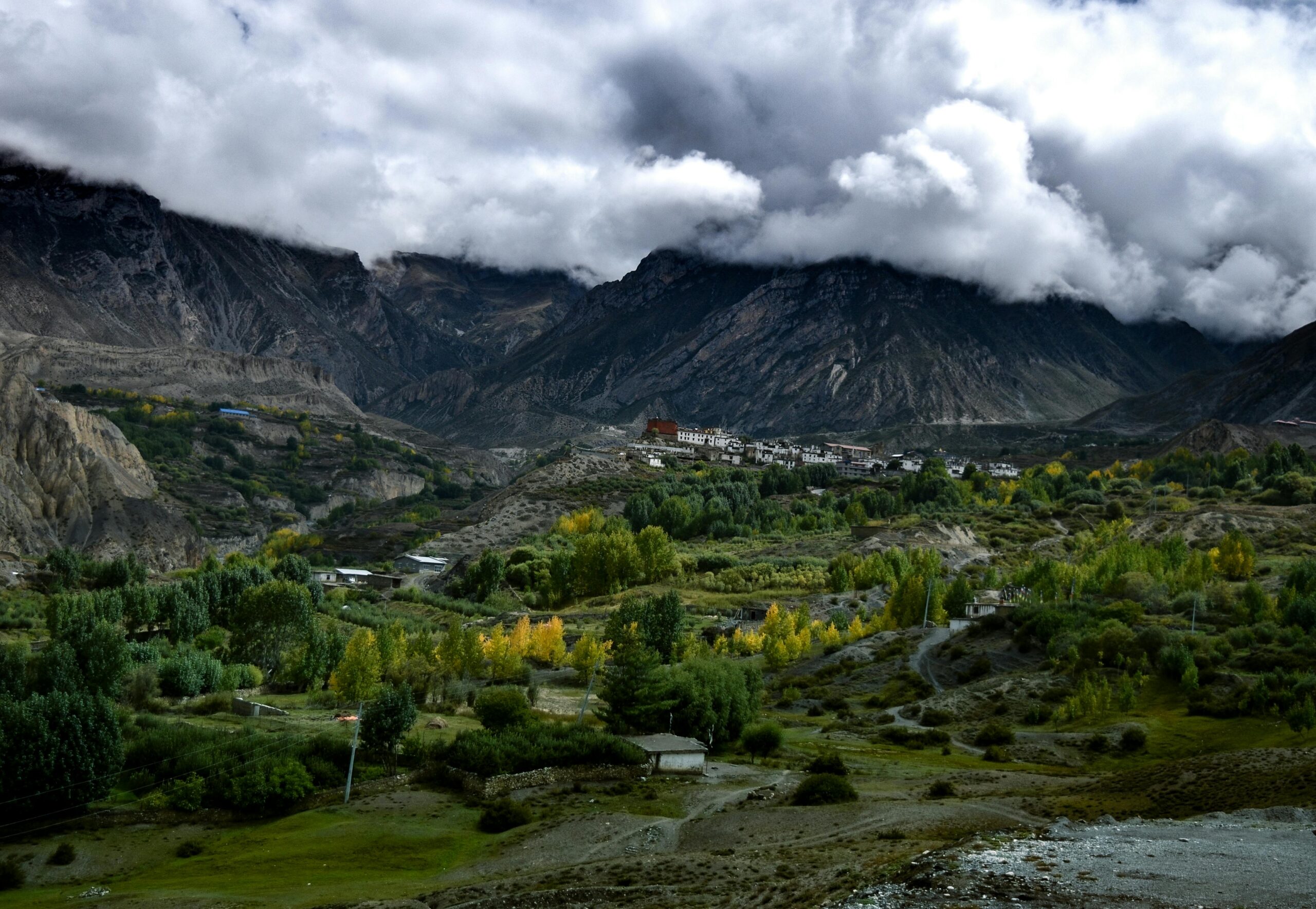 Stunning view of a mountainous landscape in Muktinath, Nepal with vibrant greenery and overcast clouds.